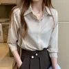 Women's Silk Shirts V-neck Solid Laides Tops Womens Fall Fashion Satin Long Sleeve Blouses Button Up White OL Vintage Top 220407