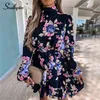 Southpire Women's Navy Floral Print Loose Style Mini Dress Long Sleeve High Neck Party Dress Summer Day Casual Ladies Clothes 220531