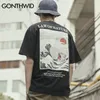 Gonthwid Japon Ukiyo Kedi Dalga Baskılı Streetwear T Shirt Yaz Erkek Hip Hop Rahat Kısa Kollu Tops Tees Erkek Tişörtleri 220326