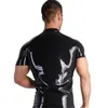 Heren Casual Shirts Heren Wetlook PVC Lederen T-shirts Zwart Punk Strakke Fitnesskleding Korte mouw Rits Stage Sexy Party Cl312A