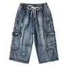 Sommar män Jeans Cargo Shorts Fashion Casual Elasticated Waist Stretch Big Pocket Beskuren Jean Male Märke 220328