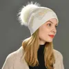 Wool Hats Hat Women Real Natural Raccoon Fur Pom Hat Girls Female Wool Knitted Beanie Winter Hats With Rhinestone J220722