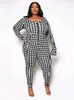 Pantalones de talla grande para mujeres 5xl Jumpsuits flacos para mujeres Playsuits de manga larga Autumn Fashion Houndstooth Impresión casual de lápiz de lápiz de lápiz