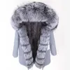 여성 코트 회색 너구리 모피 안감 긴 회색 재킷 여성 파카 바람 방풍 호화로운 여우 트림 플라켓 mukla furs 브랜드