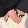 Charm bransoletki Punk czarne podwójne plecione bransoletki z prawdziwej skóry dla mężczyzn ze stali nierdzewnej Vintage mężczyzna opaska na nadgarstek biżuteria ręczna SP0953