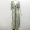 Teelynn Boho Long Dress Vintage Floral Print Chiffon 3クォータースリーブVネックサマージプシーヒッピーの女性ドレスVestidos 220621