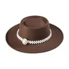 Women White Fedora Pork Pie Hat Felt Wide Brim Vintage Top Hat with Pearl Belt Wide Brim Panama Trilby Cap Autumn winter