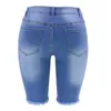 Kadın Şort Yaz Yüksek Bel Denim Kadınlar Esnek Diz Uzunluk Kısa Pantolon Yırtık Delik Sokak Giyim Jeanswomen's