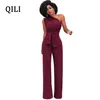 QILI One Shoulder Jumpsuits Summer Sleeveless Belt Wide Leg Elegant Lady Casual Jumpsuits White Black Blue Red Yellow T200107