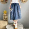 Skirts 2022 Summer Cowboy Splicing Printing Ladies Skirt Loose Tight Waist A Word All-Match Retro Women Fashion Casual Midi