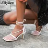 Eilyken Summer Awumn Sexy Sexy Mesh Sumps Sandals Женские квадратные носки с высоким кружевным кружев