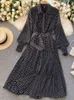 İlkbahar Ve Yaz Fransız Vintage Maxi Elbise Sundress Bayanlar Uzun Kollu Turuncu Puantiyeli Şifon Pileli Elbiseler Femme Robe 220419