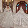 Luxurious Arabic Beads Wedding Dresses Ball Gown With Long Train Full Sleeve Sequins Lace V Neck Bridal Dress Custom Made