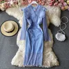 New fashion women's sexy v-neck long sleeve hollow out lace crochet floral high waist midi long pencil dress MLXL