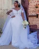 White Pearls Mermaid Wedding Dresses Long Sleeves Jewel Neck Illusion Overskirts Mermaid Bridal Gowns Lace African Marriage Dress sxa14