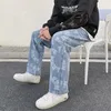 Mens Jacquard Wide Leg Denim Pant Characteristic Letters Pattern Jeans Straight Design Male Oversize Hip Hop Neutral Trousers