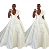 African White Satin Bridal Gowns A Line Wedding Dresses For Woman Deep Veck Custom Vintage Illusion Big Bow Vestido De Novia