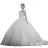 우아한 높은 칼라 볼 가운 웨딩 드레스 새로운 2021 무슬림 긴 소매 기차 레이스 아플리케 웨딩 드레스 신부 드레스 사용자 정의 만든 싸구려