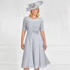 Light Gray A Line Mother of the Bride Dresses Bateau Neck Appliqued Evening Gowns With Short Sleeves Chiffon Knee Length Pleated Wedding Guest Dress