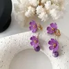 Clip-on & Screw Back Summer Korean-Style Elegant Metal White Purple Petals Flower Pendant Clip On Earrings Ear Clips No Hole For Female Lady