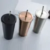 Rostfritt stål kaffemugg 500 ml med lock öl S för tekoppmetalldryck Straw Travel S 220509