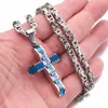 Colar de colar de pendente para homens jesus cristal cruzamento azul prateado colorcross 4mm bizantino jóias de moda