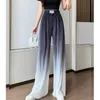 Été femmes décontracté dégradé glace soie mince élastique taille haute pantalon mode Y2K Streetwear ample plissé jambe large pantalon 220725