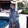 Bohemian printing beach dress long sleeve hippie chic maxi holiday 3XL bandage es plus size vacation vestidos 220613