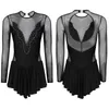 Stage Wear Women Shiny Rhinestone Figure Skating Dress Ladies See-through Mesh Patchwork Long Sleeve Ruffle Leotard Ballet Dancewear