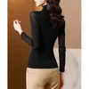 Women's Blouses & Shirts Korean Style Fashion Turtleneck Pullover Tops Long Sleeve Black Mesh Blouse Women Drill Slim Udershirt Blusa MujerW