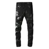 Calça jeans de jeans Star Patches Denim de motocicleta com Hole Hip Hop Streetwear para Man Black Letter Angel Print Slim Fit Zipper Distess Desengodidade causal calça