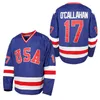 Mit męskie 1980 USA cud na hokej na lodzie # 17 Jack O'Callahan # 21 Mike Eruzione # 30 Jim Craig Hockey Koszulki S-XXXL w magazynie niebieski biały