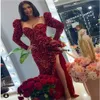 Shiny Sequin Red Prom Dresses 2022 With High Split Sexy Mermaid Evening Dress Long Sleeve Dinner Formal Dance Party Gowns Sparkly Engagement Robes De Soirée Mariage