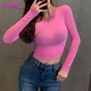 Short style show body round neck tight long sleeve T shirt solid color show waist thin bottom top waist tight top
