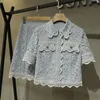 Runway Office Lady Lace Womens Mesh Crochet Summer Blouse Top Sweet Shirts Elegant High Waist Mini Skirts 2 Piece Set Suit 220817
