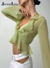 Jacuqeline Transparent Lace Up Long Sleeve Sexy Deep V Tops Women Y2K Fashion Vintage Streetwear Ruffle Trim T-Shirts Green 220510