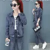 Women's Two Piece Pants Women's Women Denim 2 Sets Outfit Spring Autumn Casual Long Sleeve Jean Jacket High Waisted Jeans Suit 4XL