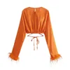 Orange blouses långa ärmar med fjäder y2k kläder chic lady t-shirt midja slipsar topp kvinnor toppar sexiga ärm t-tröjor fest 220402