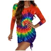 Abiti casual per ragazzi Abito da donna aderente girocollo sfumato tie-dye elasticizzato coulisse laterale manica lunga da sera autunnocasual