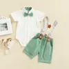 Focusnorm 0 3Y Summer Baby Boys Gentleman Desets Solid Single Breasted Romper Tops With Bow Overalls Shorts 220620
