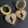Hip Hop Heartbreak Dangle Earrings Bling White Zircon Hoop Earrings 18K Real Gold Plated Jewelry2422