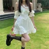 White Kawaii Fairy Strap Dres Patchwork Off Shoulder Sexy Party Mini Dresses Bow Ruffle Sweet Cute Princess Sundress 220402