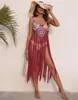 Traje de baño de mujer 2022 Vestido largo de playa con borlas Mujer Sexy Crochet Hollow Out Fringe Bikini Cover Up Traje de baño Coverups Bodycon Knitted Sun