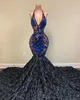 VARM! Ny Ankomst Sequin Black Girls Mermaid Prom Klänningar 2022 Plus Storlek Deep V Neck Sequined Prom Dress 3D Rose Flowers Prom Crows