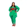 Dames plus size tracksuits vrouwen kleding sexy v kraag lippen met lange mouwen patroon rits zijkant split vork tops strakke broek sets stedelijk casual