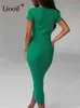 Liooil Sexy Knit Corset Dress女性ローブ半袖スクエアネックパープルグリーンリブボディコンミディドレス2022サマーヴェスディドY220413