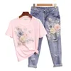 Summer Fashion Women T Shirt Jeans European Style Denim Suit broderi 3D Flower Kvinnliga byxor Vintage Beading Set S XXL 220616