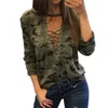 Maglietta slim a maniche lunghe da donna con stampa mimetica Moda scollo a V Lace up Lady Top sexy Stile militare Casual Maglietta femminile Tee 220714