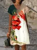 여름 우아한 여성의 꽃 테마 인쇄 된 그림 드레스 무릎 길이 v 목을 느슨한 캐주얼 드레스 플러스 크기 디자인 220521