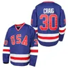 Sj98 Herren 1980 USA Miracle On Ice Hockey-Trikot Nr. 17 Jack O'Callahan Nr. 21 Mike Eruzione Nr. 30 Jim Craig Hockey-Trikots S-XXXL Auf Lager Blau Weiß